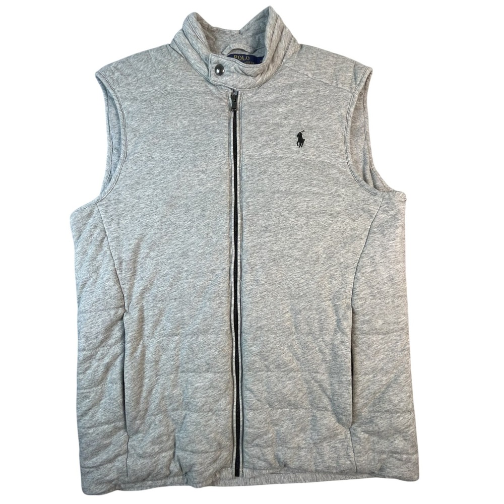 Polo Ralph Lauren Vest Mens M Gray Quilted Jersey Full Zip Mock Neck Pony Logo